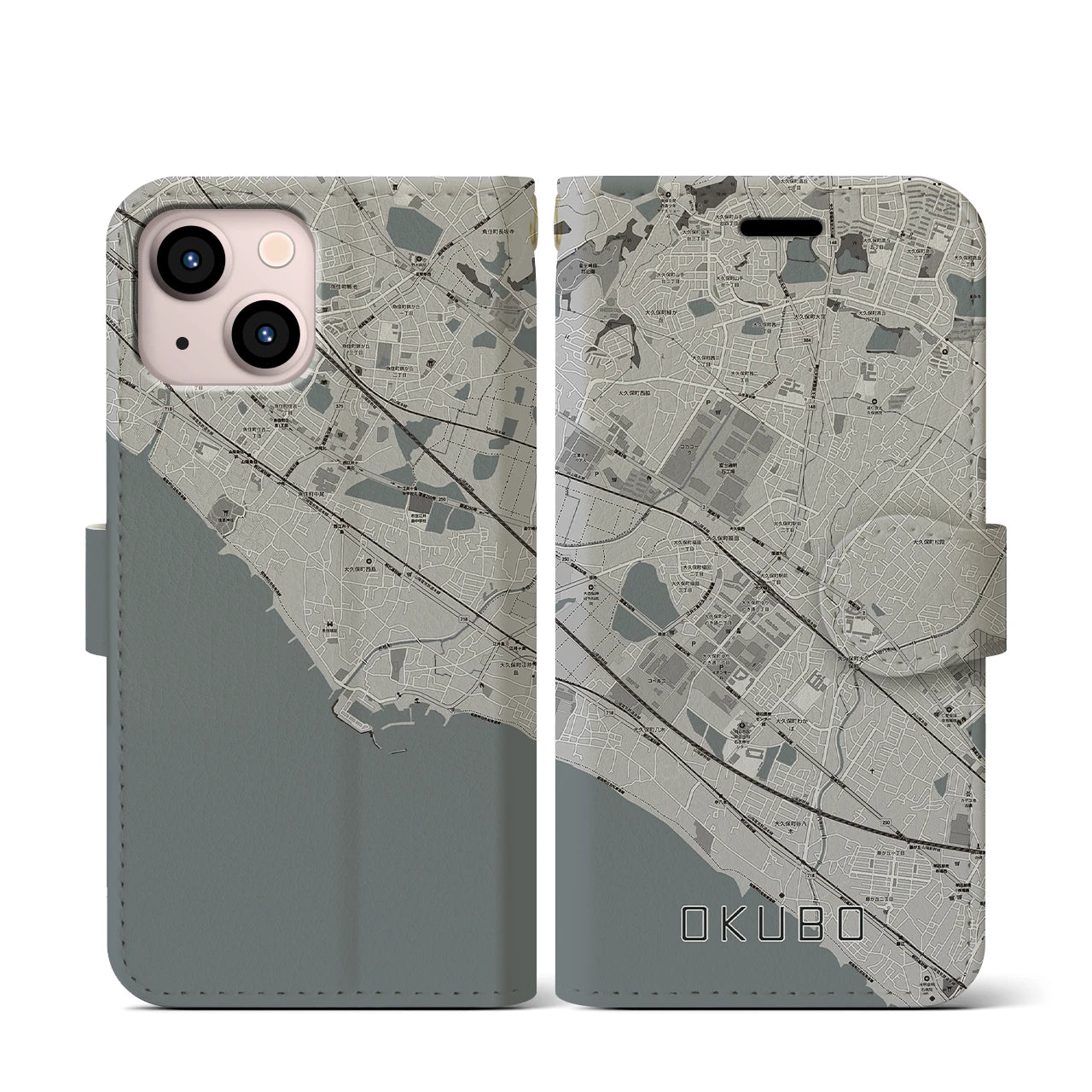 【大久保(兵庫県)】地図柄iPhoneケース(手帳タイプ)モノトーン・iPhone 13 mini 用