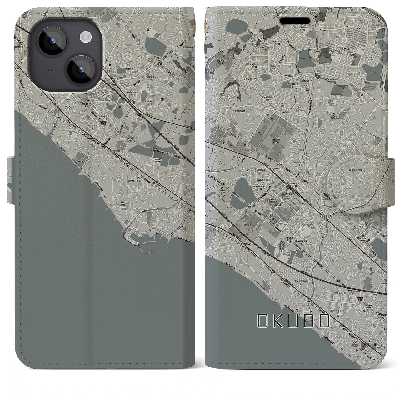 【大久保(兵庫県)】地図柄iPhoneケース(手帳タイプ)モノトーン・iPhone 14 Plus 用