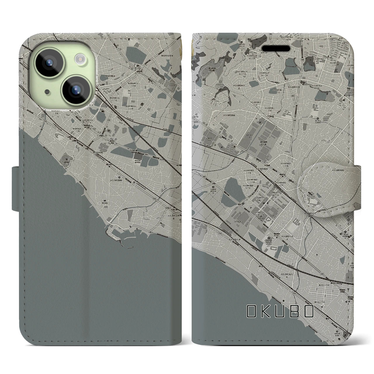 【大久保(兵庫県)】地図柄iPhoneケース(手帳タイプ)モノトーン・iPhone 15 用