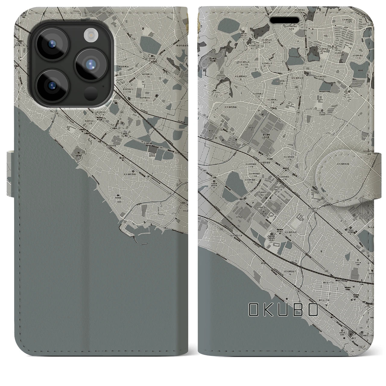 【大久保(兵庫県)】地図柄iPhoneケース(手帳タイプ)モノトーン・iPhone 15 Pro Max 用