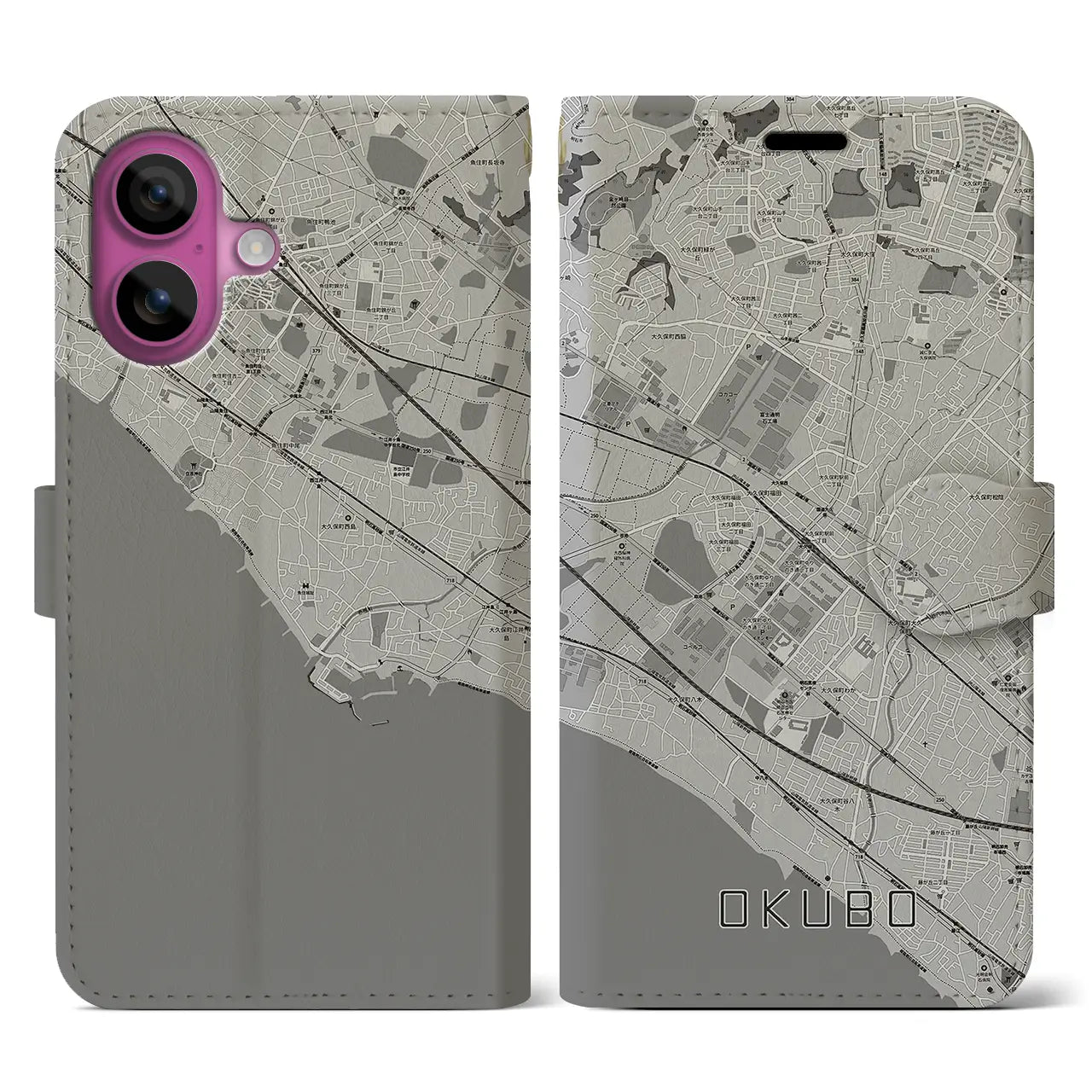 【大久保(兵庫県)】地図柄iPhoneケース(手帳タイプ)モノトーン・iPhone 16 Pro 用