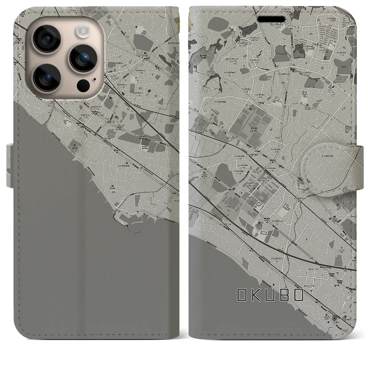 【大久保(兵庫県)】地図柄iPhoneケース(手帳タイプ)モノトーン・iPhone 16 Plus 用