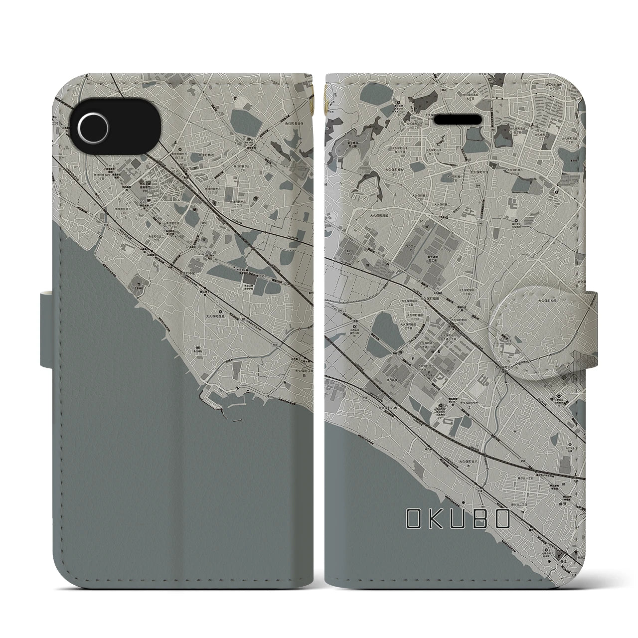 【大久保(兵庫県)】地図柄iPhoneケース(手帳タイプ)モノトーン・iPhone SE(第3 / 第2世代) / 8 / 7 / 6s / 6 用