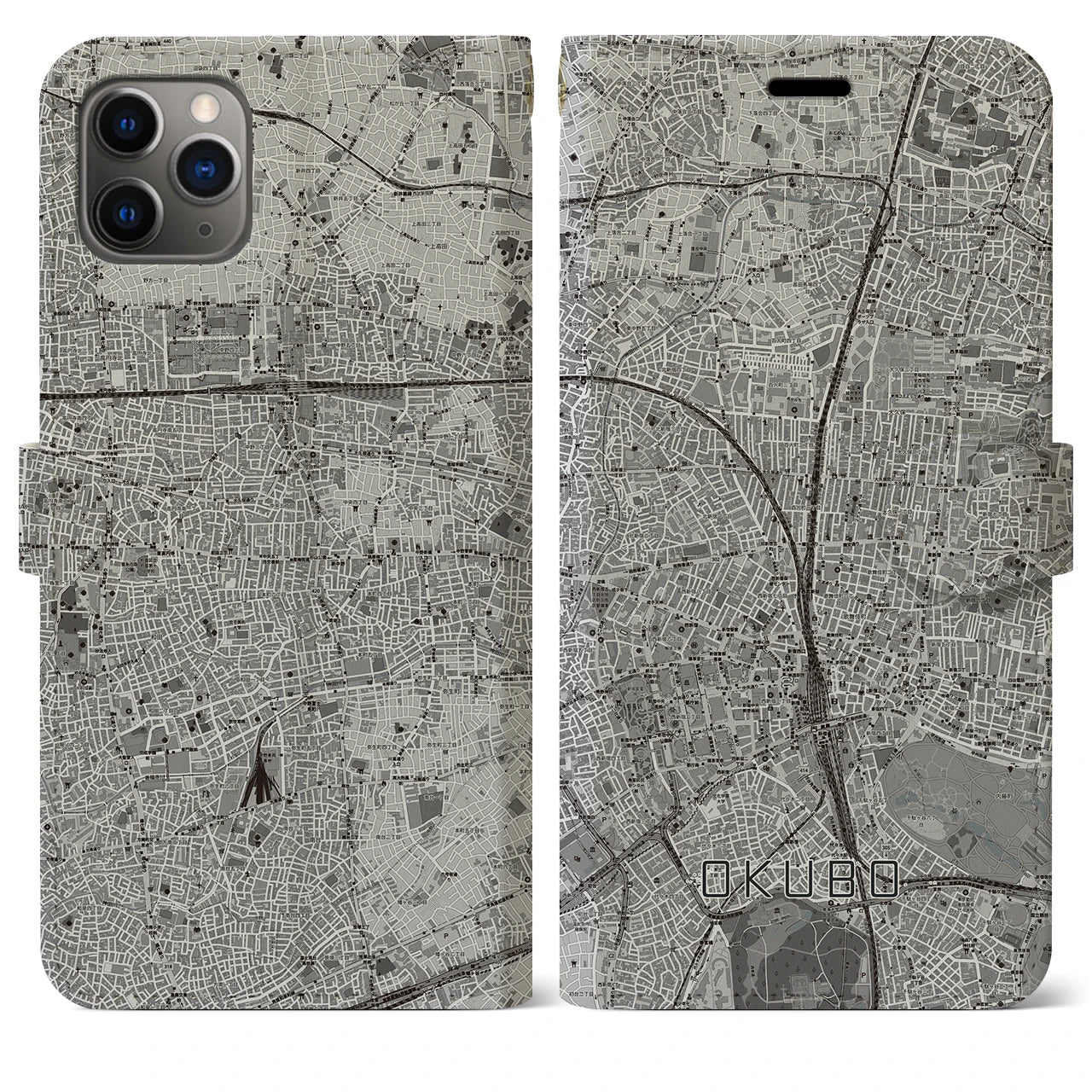 【大久保(東京都)】地図柄iPhoneケース(手帳タイプ)モノトーン・iPhone 11 Pro Max 用