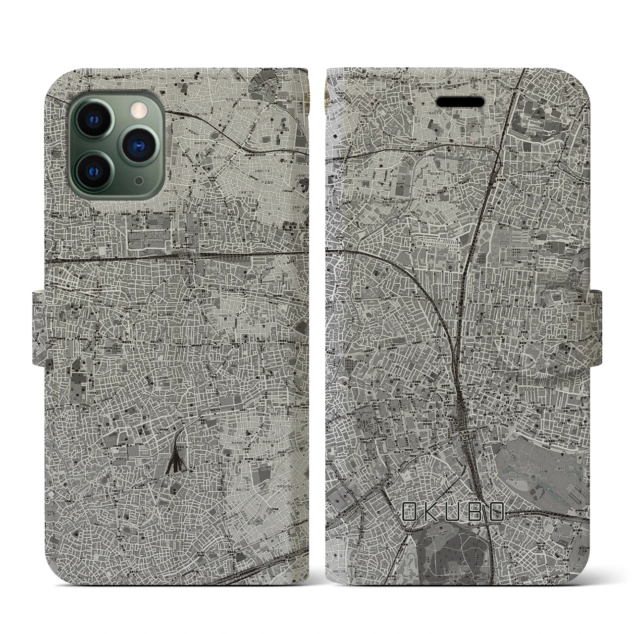 【大久保(東京都)】地図柄iPhoneケース(手帳タイプ)モノトーン・iPhone 11 Pro 用