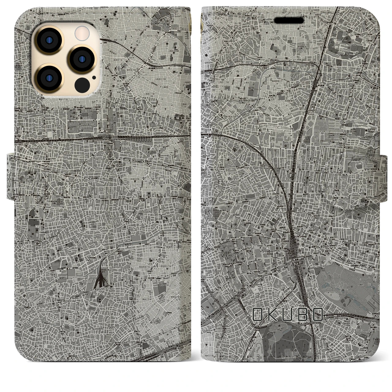 【大久保(東京都)】地図柄iPhoneケース(手帳タイプ)モノトーン・iPhone 12 Pro Max 用