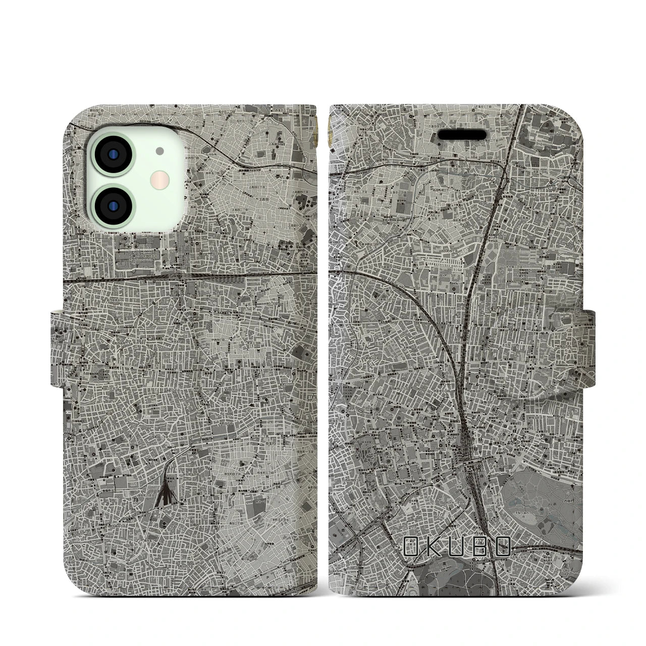【大久保(東京都)】地図柄iPhoneケース(手帳タイプ)モノトーン・iPhone 12 mini 用