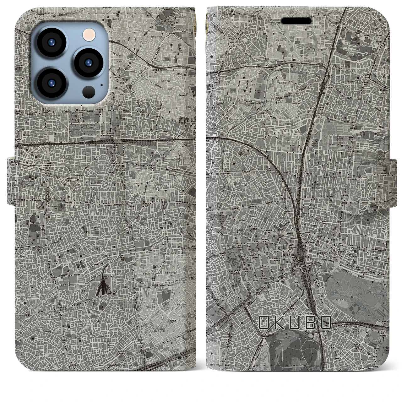 【大久保(東京都)】地図柄iPhoneケース(手帳タイプ)モノトーン・iPhone 13 Pro Max 用