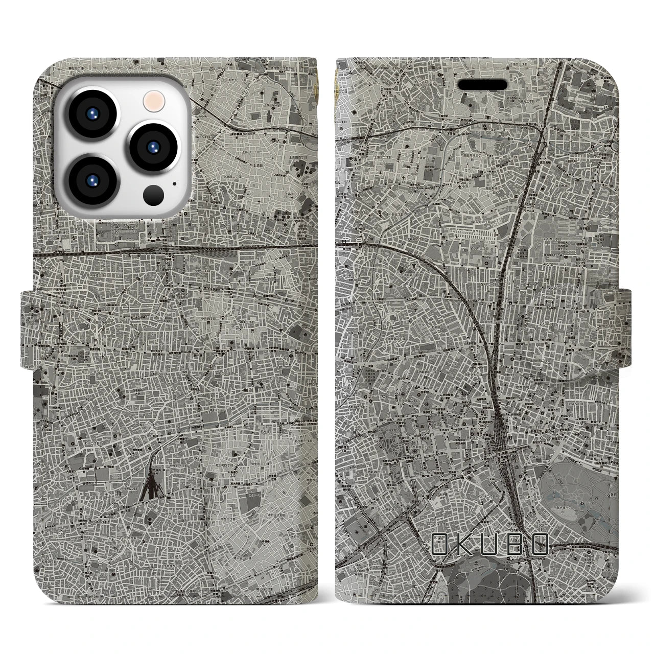 【大久保(東京都)】地図柄iPhoneケース(手帳タイプ)モノトーン・iPhone 13 Pro 用