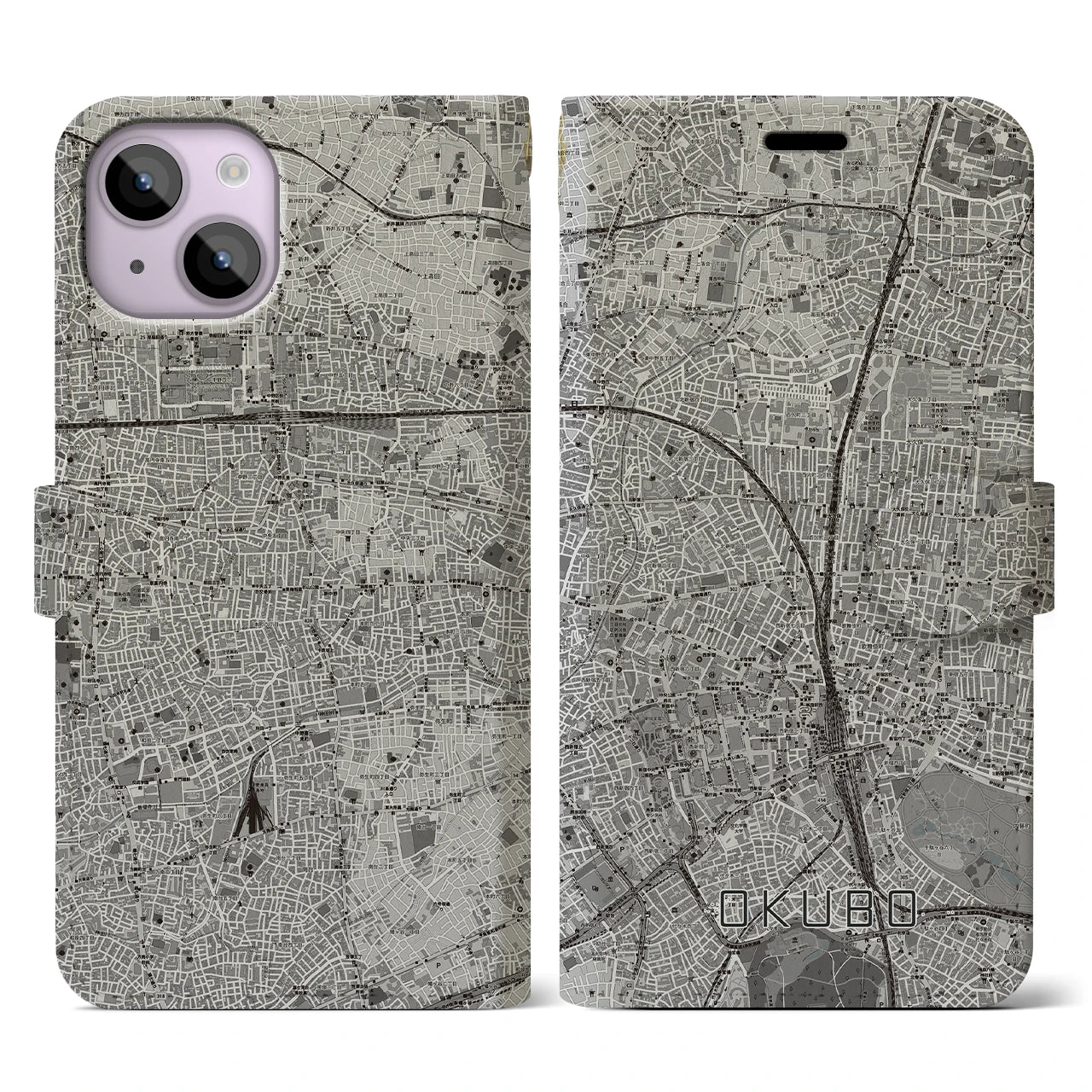 【大久保(東京都)】地図柄iPhoneケース(手帳タイプ)モノトーン・iPhone 14 用