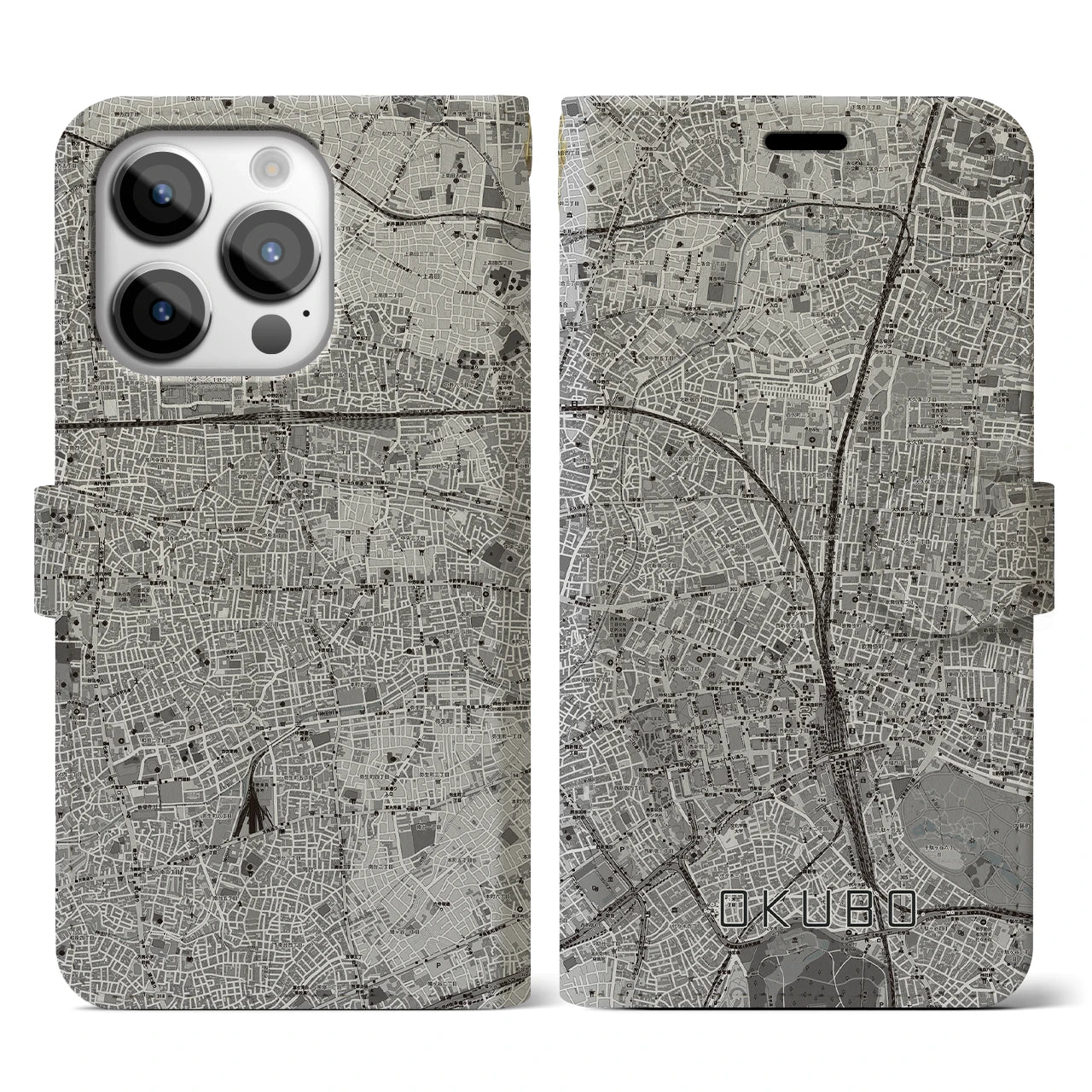 【大久保(東京都)】地図柄iPhoneケース(手帳タイプ)モノトーン・iPhone 14 Pro 用
