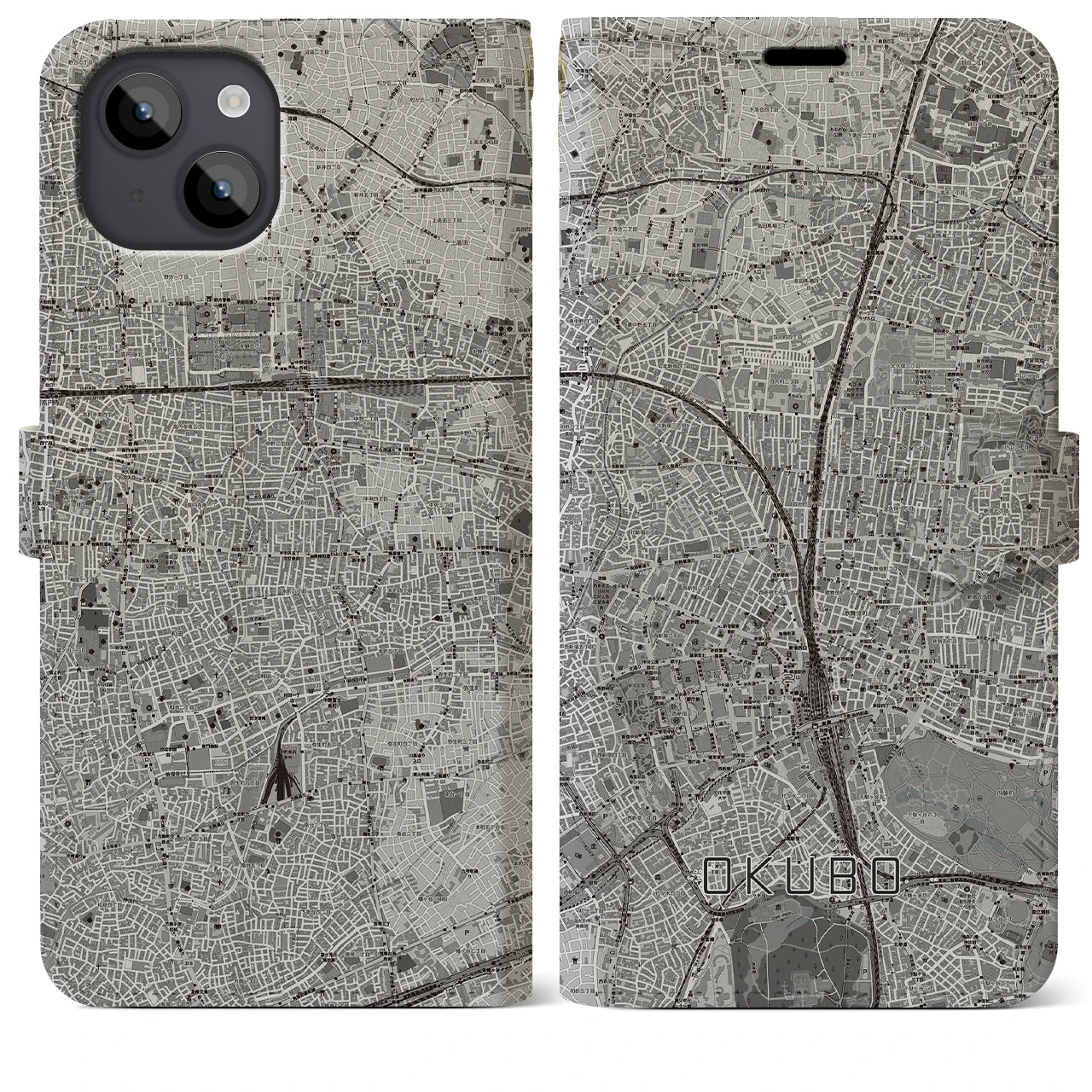 【大久保(東京都)】地図柄iPhoneケース(手帳タイプ)モノトーン・iPhone 14 Plus 用