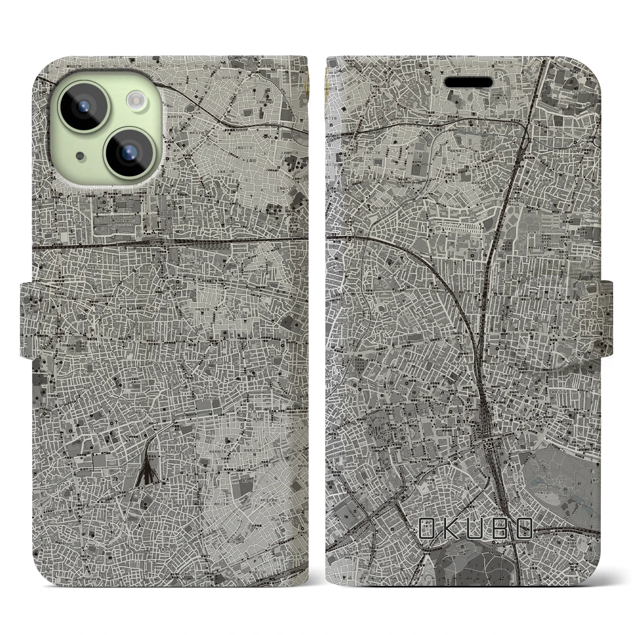 【大久保(東京都)】地図柄iPhoneケース(手帳タイプ)モノトーン・iPhone 15 用