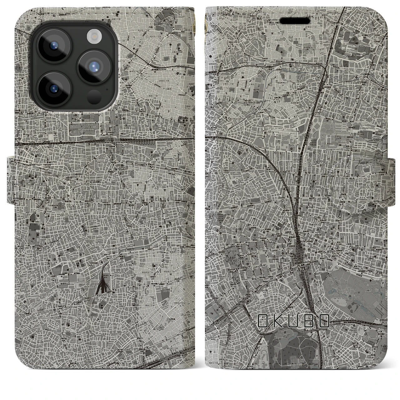 【大久保(東京都)】地図柄iPhoneケース(手帳タイプ)モノトーン・iPhone 15 Pro Max 用