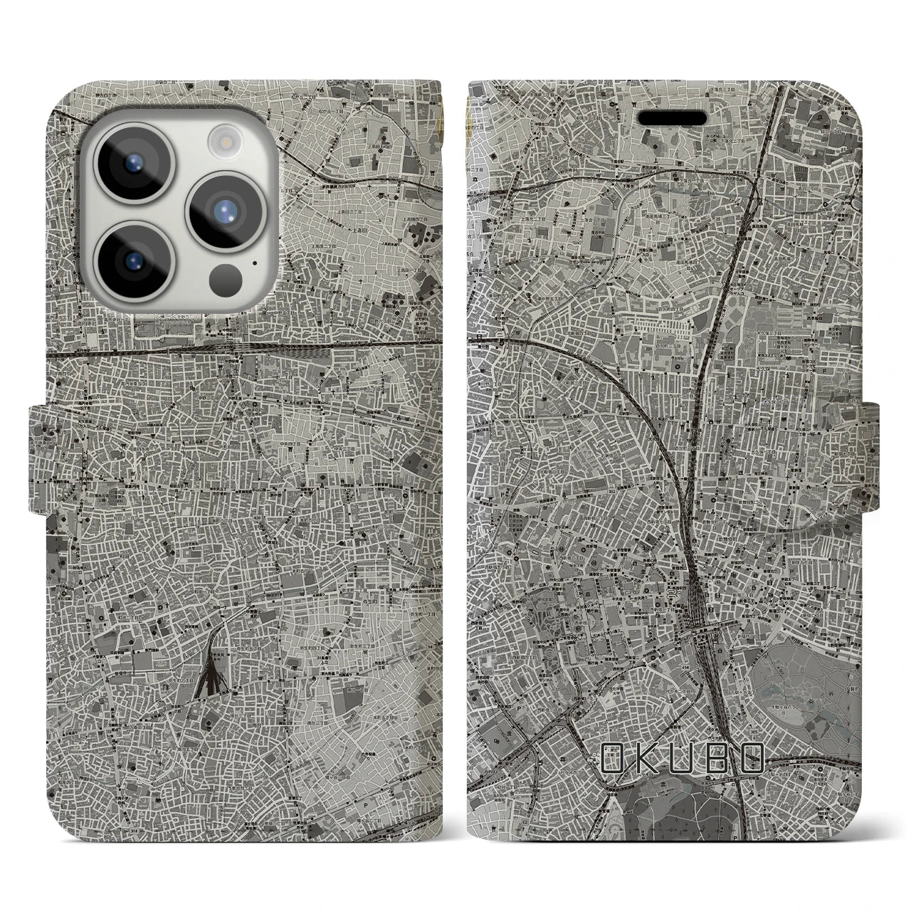【大久保(東京都)】地図柄iPhoneケース(手帳タイプ)モノトーン・iPhone 15 Pro 用