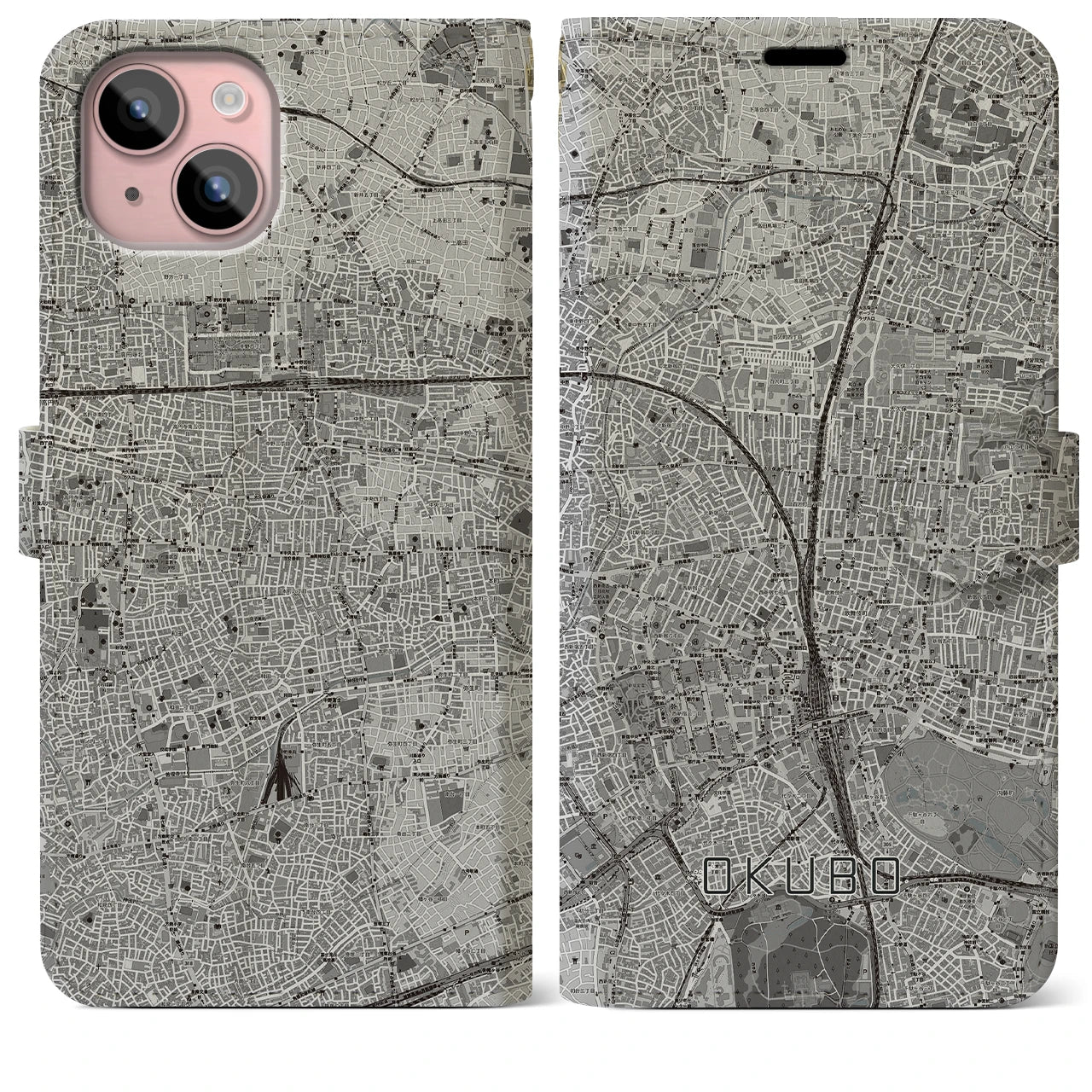 【大久保(東京都)】地図柄iPhoneケース(手帳タイプ)モノトーン・iPhone 15 Plus 用
