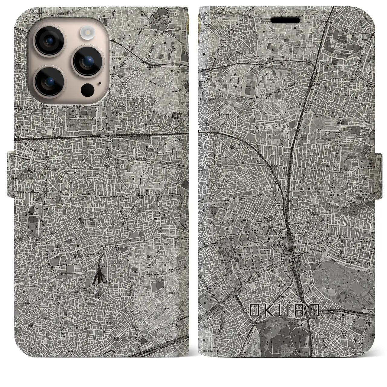 【大久保(東京都)】地図柄iPhoneケース(手帳タイプ)モノトーン・iPhone 16 Plus 用