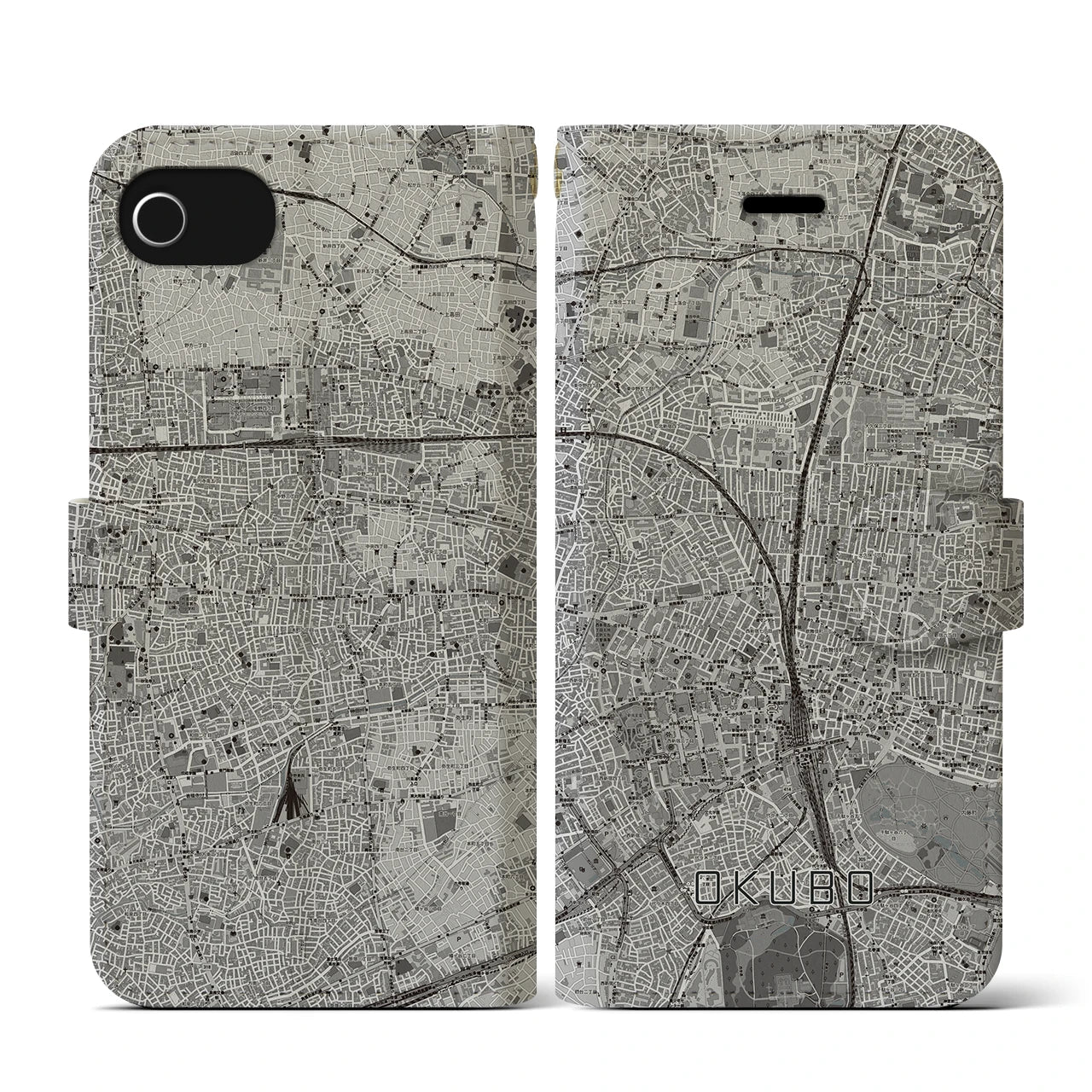 【大久保(東京都)】地図柄iPhoneケース(手帳タイプ)モノトーン・iPhone SE(第3 / 第2世代) / 8 / 7 / 6s / 6 用