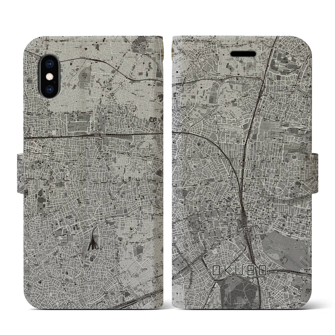 【大久保(東京都)】地図柄iPhoneケース(手帳タイプ)モノトーン・iPhone XS / X 用