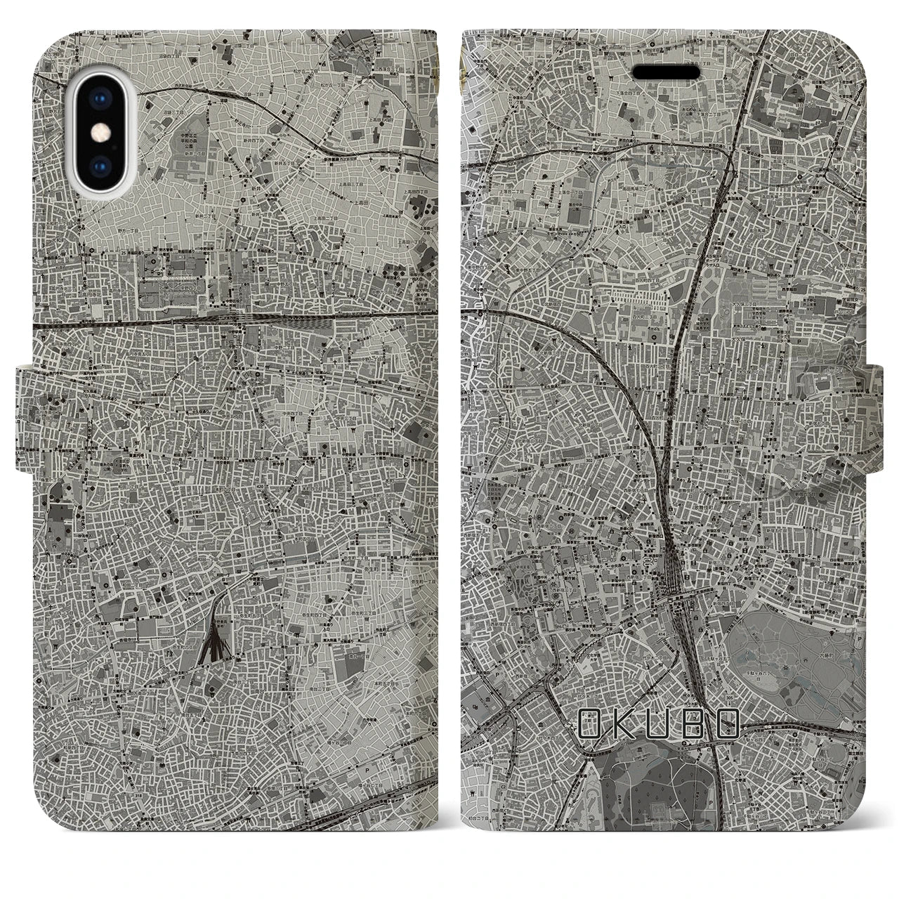 【大久保(東京都)】地図柄iPhoneケース(手帳タイプ)モノトーン・iPhone XS Max 用