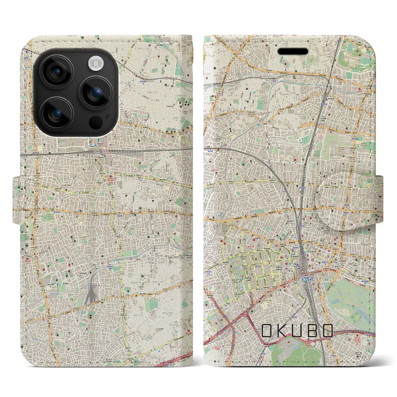 【大久保(東京都)】地図柄iPhoneケース(手帳タイプ)ナチュラル・iPhone 16 用