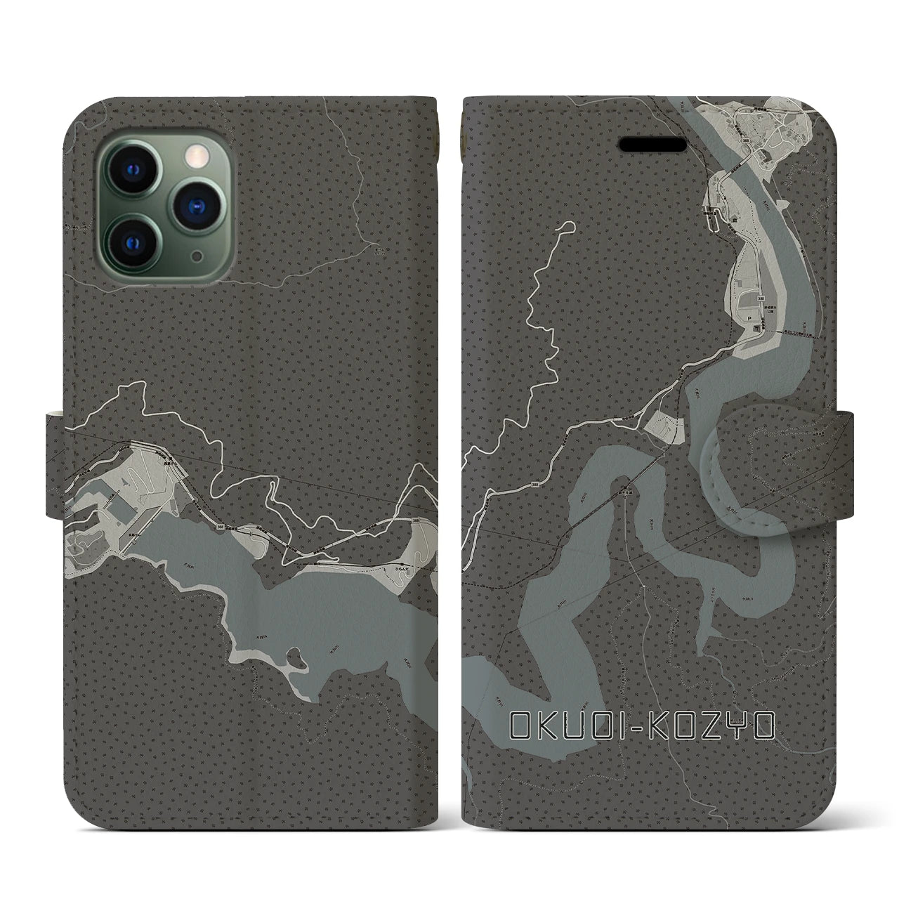 【奥大井湖上(静岡県)】地図柄iPhoneケース(手帳タイプ)モノトーン・iPhone 11 Pro 用