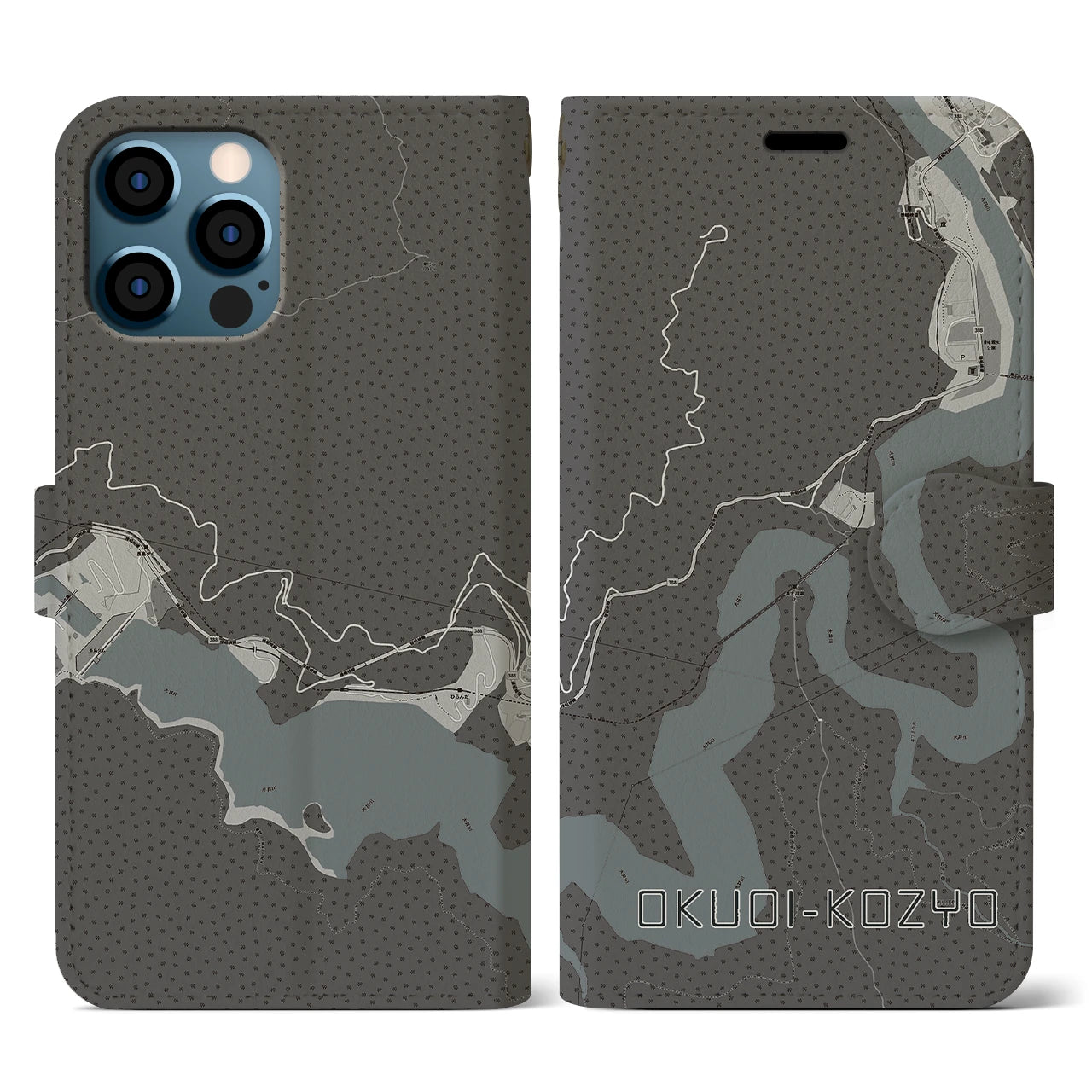 【奥大井湖上(静岡県)】地図柄iPhoneケース(手帳タイプ)モノトーン・iPhone 12 / 12 Pro 用