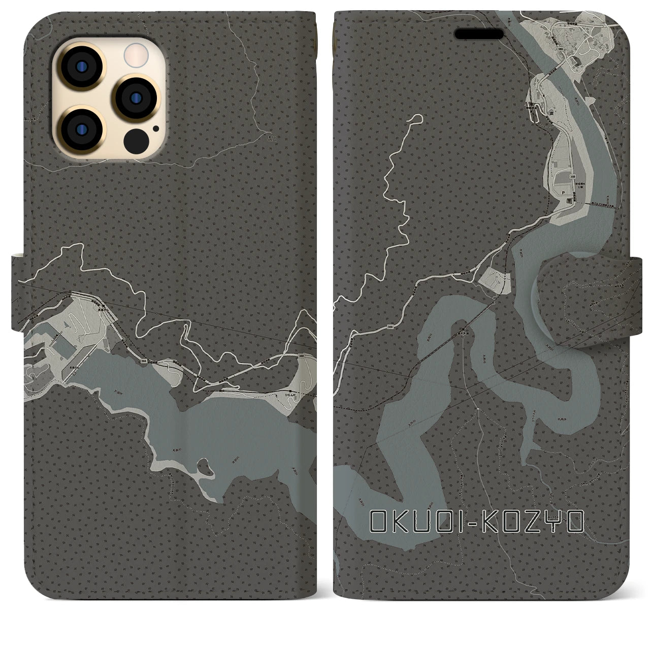 【奥大井湖上(静岡県)】地図柄iPhoneケース(手帳タイプ)モノトーン・iPhone 12 Pro Max 用