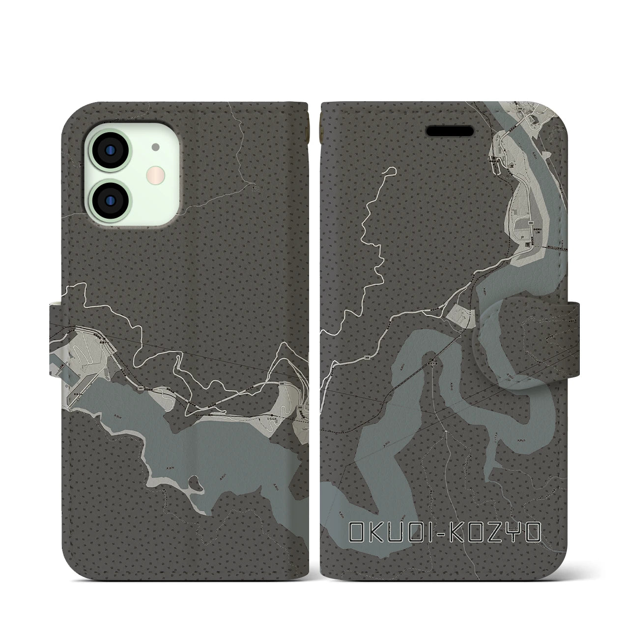 【奥大井湖上(静岡県)】地図柄iPhoneケース(手帳タイプ)モノトーン・iPhone 12 mini 用