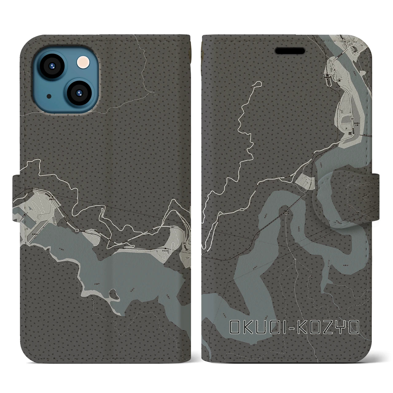 【奥大井湖上(静岡県)】地図柄iPhoneケース(手帳タイプ)モノトーン・iPhone 13 用
