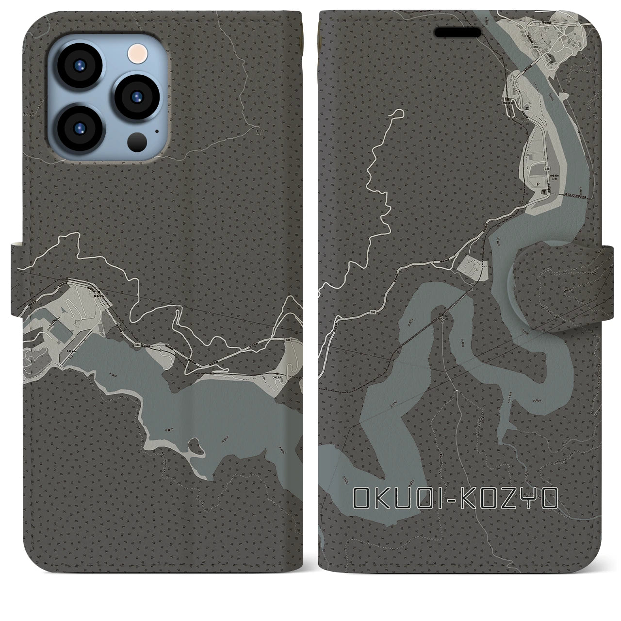 【奥大井湖上(静岡県)】地図柄iPhoneケース(手帳タイプ)モノトーン・iPhone 13 Pro Max 用