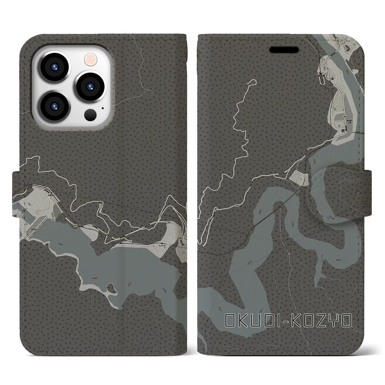 【奥大井湖上(静岡県)】地図柄iPhoneケース(手帳タイプ)モノトーン・iPhone 13 Pro 用
