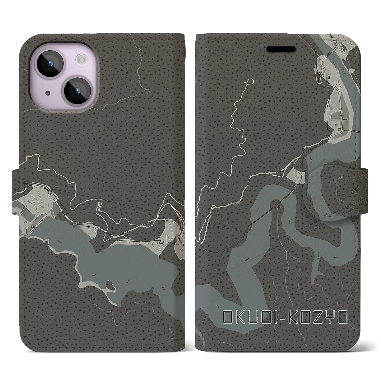 【奥大井湖上(静岡県)】地図柄iPhoneケース(手帳タイプ)モノトーン・iPhone 14 用