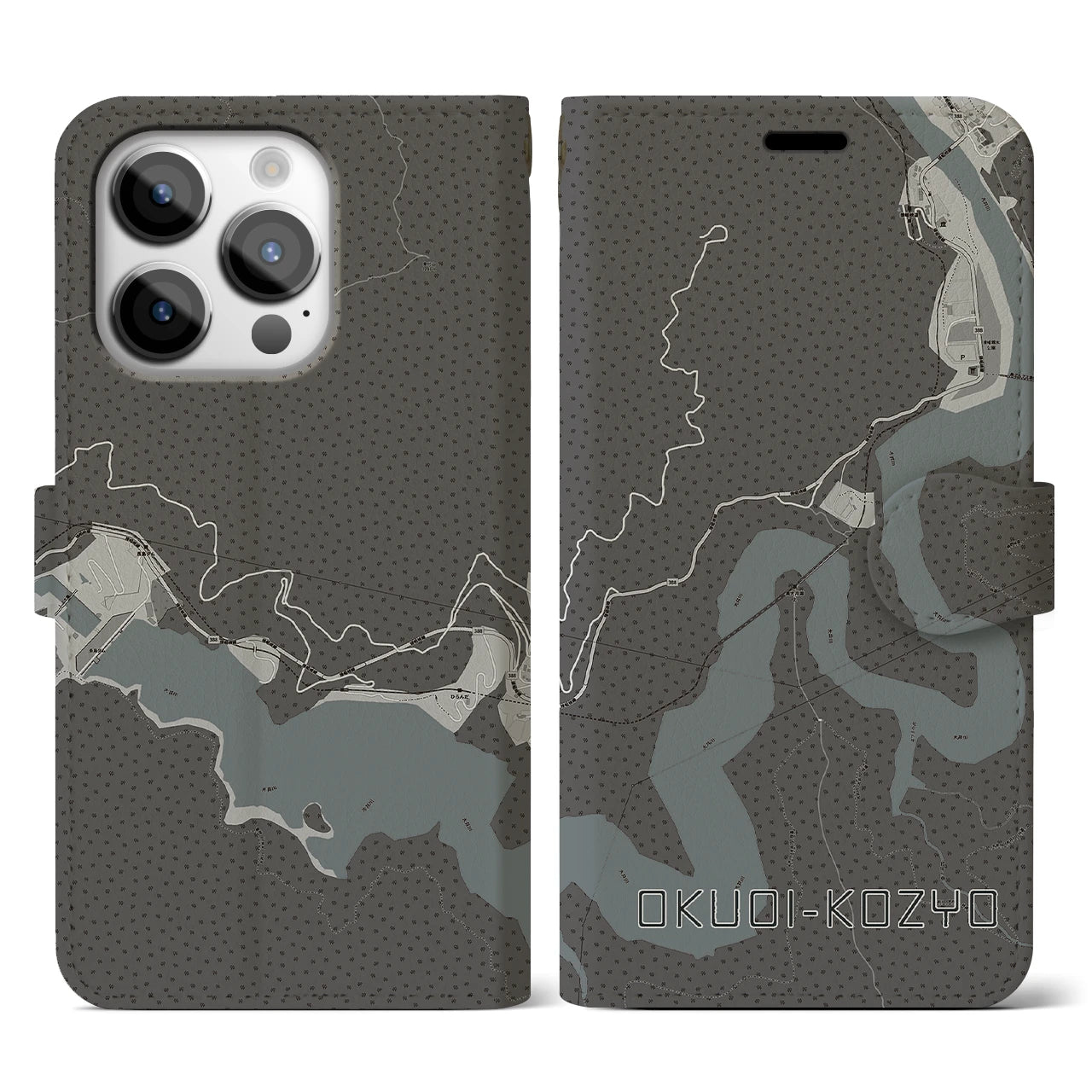 【奥大井湖上(静岡県)】地図柄iPhoneケース(手帳タイプ)モノトーン・iPhone 14 Pro 用