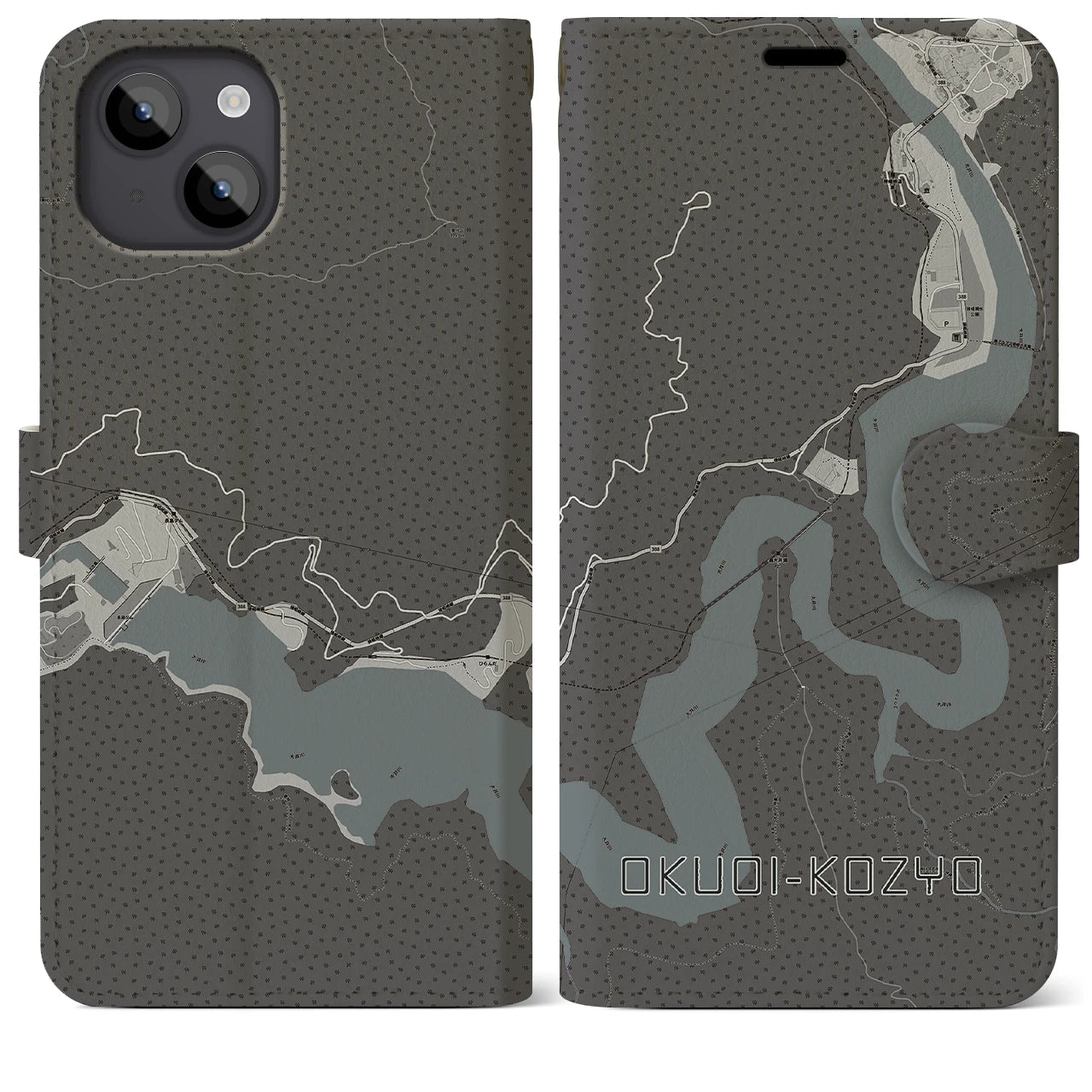 【奥大井湖上(静岡県)】地図柄iPhoneケース(手帳タイプ)モノトーン・iPhone 14 Plus 用