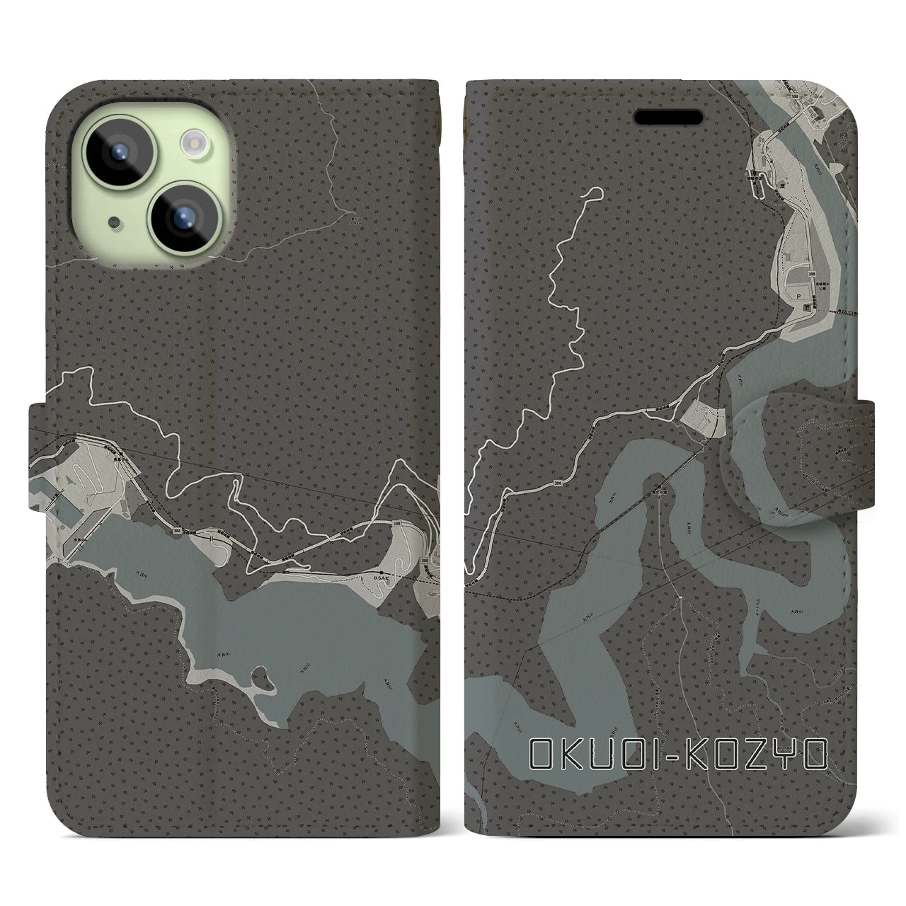 【奥大井湖上(静岡県)】地図柄iPhoneケース(手帳タイプ)モノトーン・iPhone 15 用