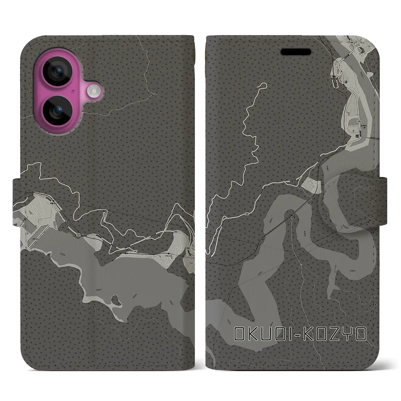 【奥大井湖上(静岡県)】地図柄iPhoneケース(手帳タイプ)モノトーン・iPhone 16 Pro 用