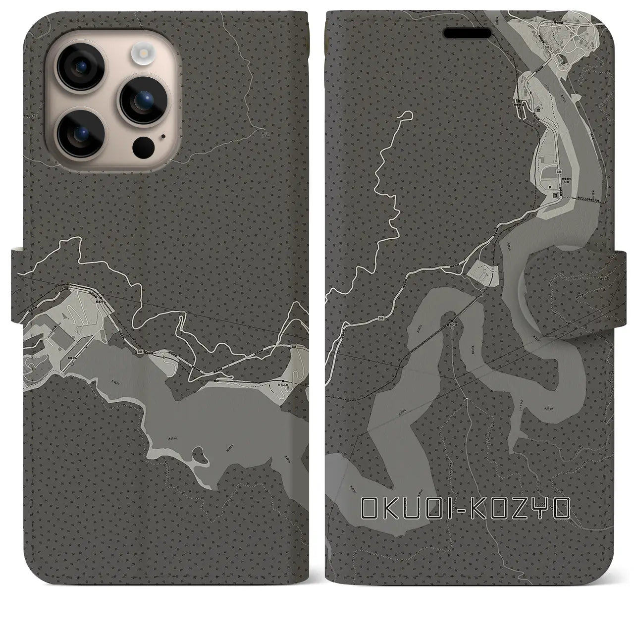 【奥大井湖上(静岡県)】地図柄iPhoneケース(手帳タイプ)モノトーン・iPhone 16 Plus 用