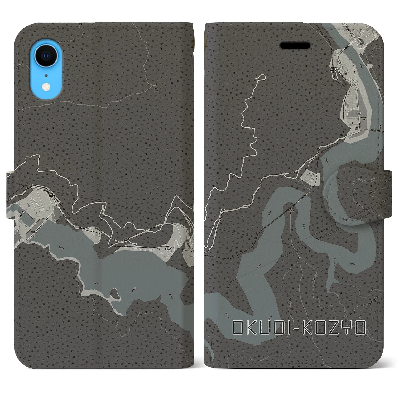 【奥大井湖上(静岡県)】地図柄iPhoneケース(手帳タイプ)モノトーン・iPhone XR 用