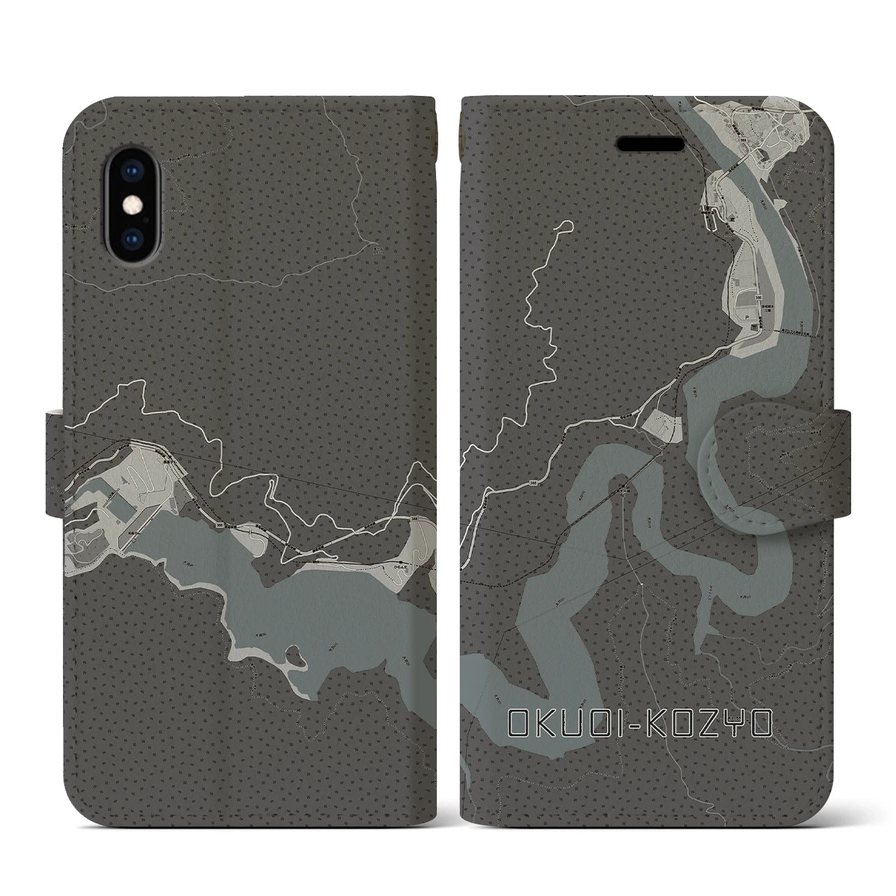 【奥大井湖上(静岡県)】地図柄iPhoneケース(手帳タイプ)モノトーン・iPhone XS / X 用