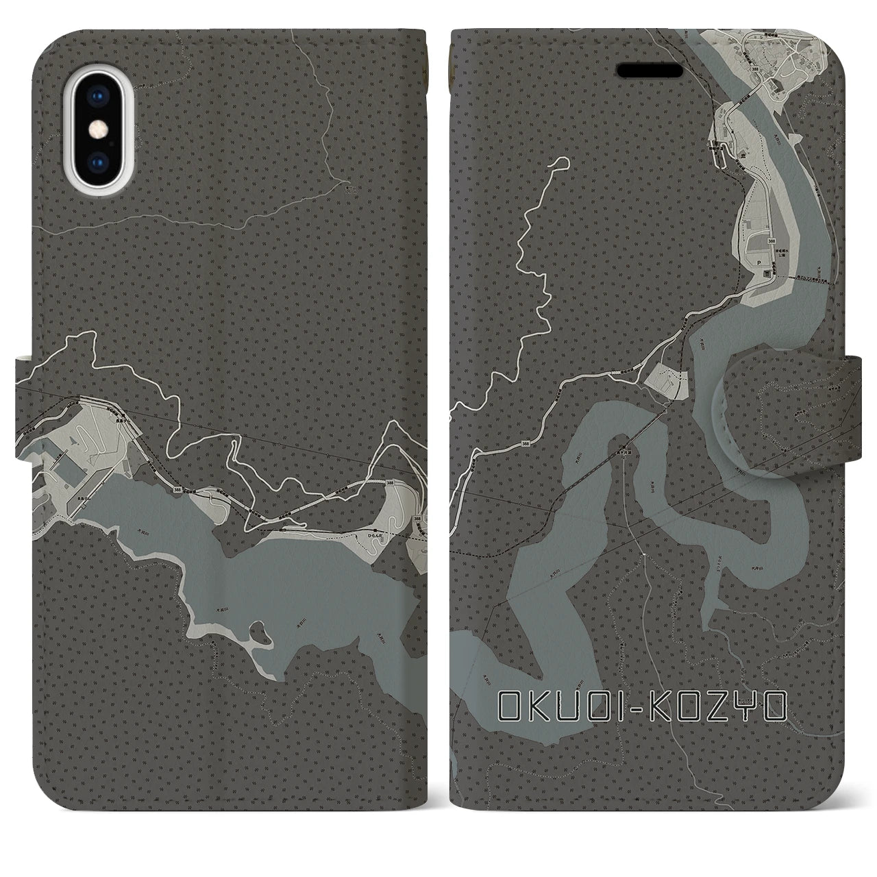 【奥大井湖上(静岡県)】地図柄iPhoneケース(手帳タイプ)モノトーン・iPhone XS Max 用