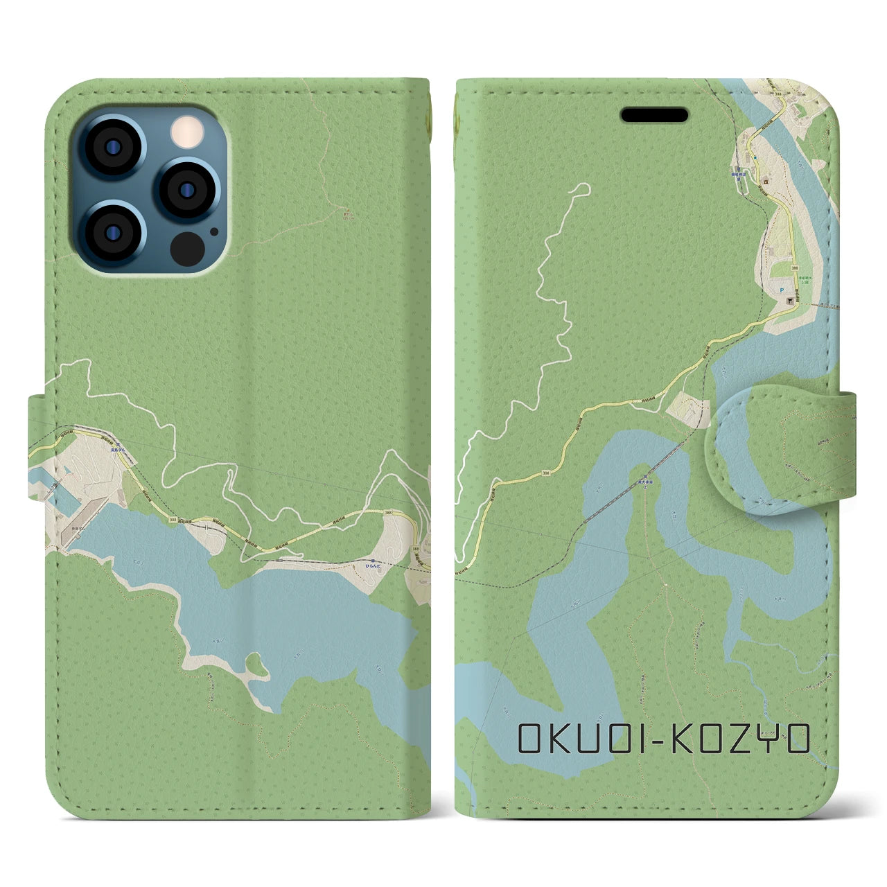 【奥大井湖上(静岡県)】地図柄iPhoneケース(手帳タイプ)ナチュラル・iPhone 12 / 12 Pro 用