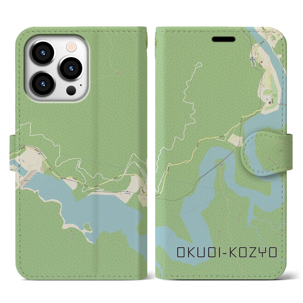 【奥大井湖上(静岡県)】地図柄iPhoneケース(手帳タイプ)ナチュラル・iPhone 13 Pro 用