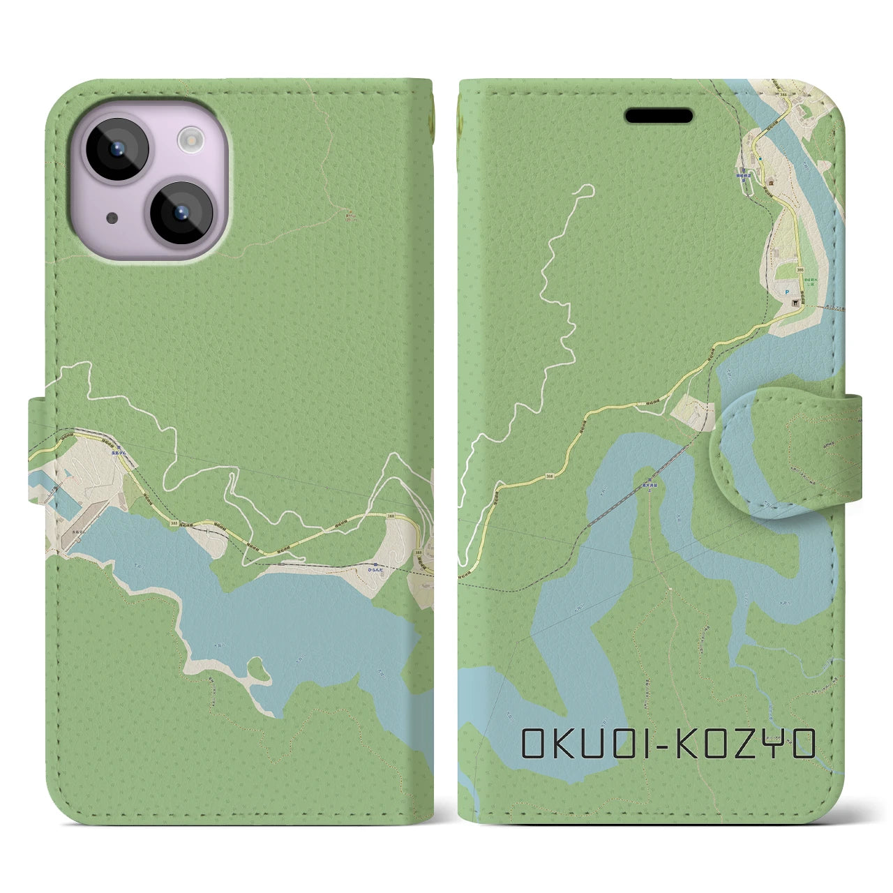 【奥大井湖上(静岡県)】地図柄iPhoneケース(手帳タイプ)ナチュラル・iPhone 14 用
