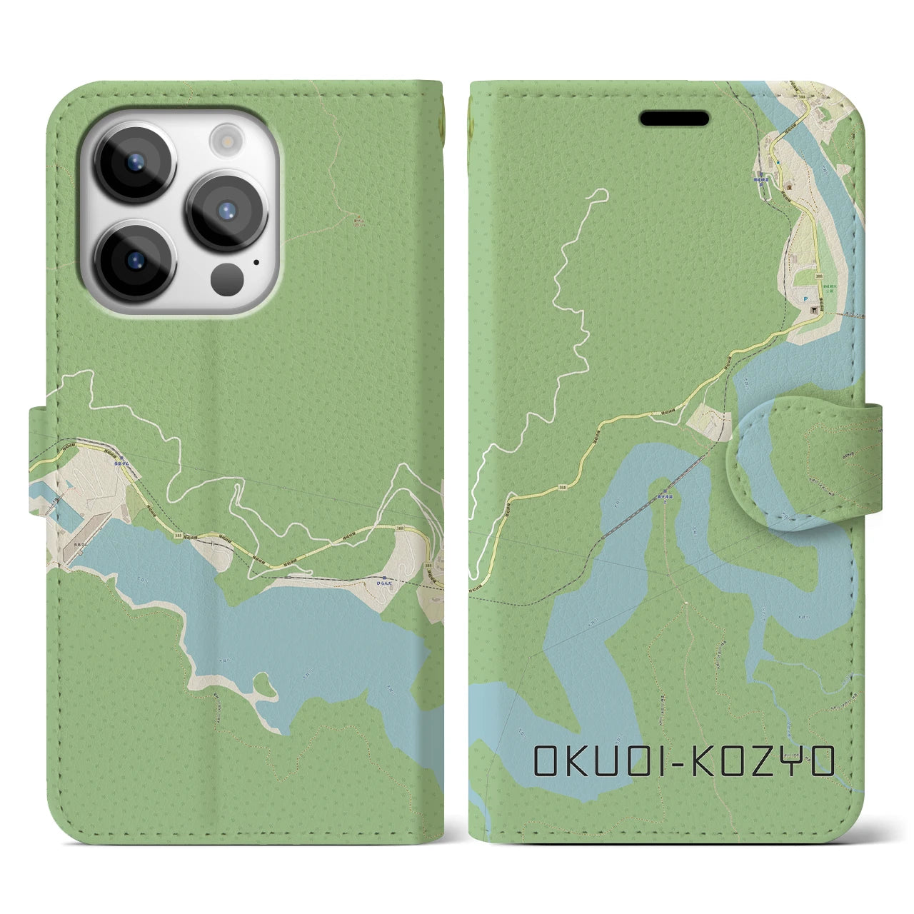 【奥大井湖上(静岡県)】地図柄iPhoneケース(手帳タイプ)ナチュラル・iPhone 14 Pro 用