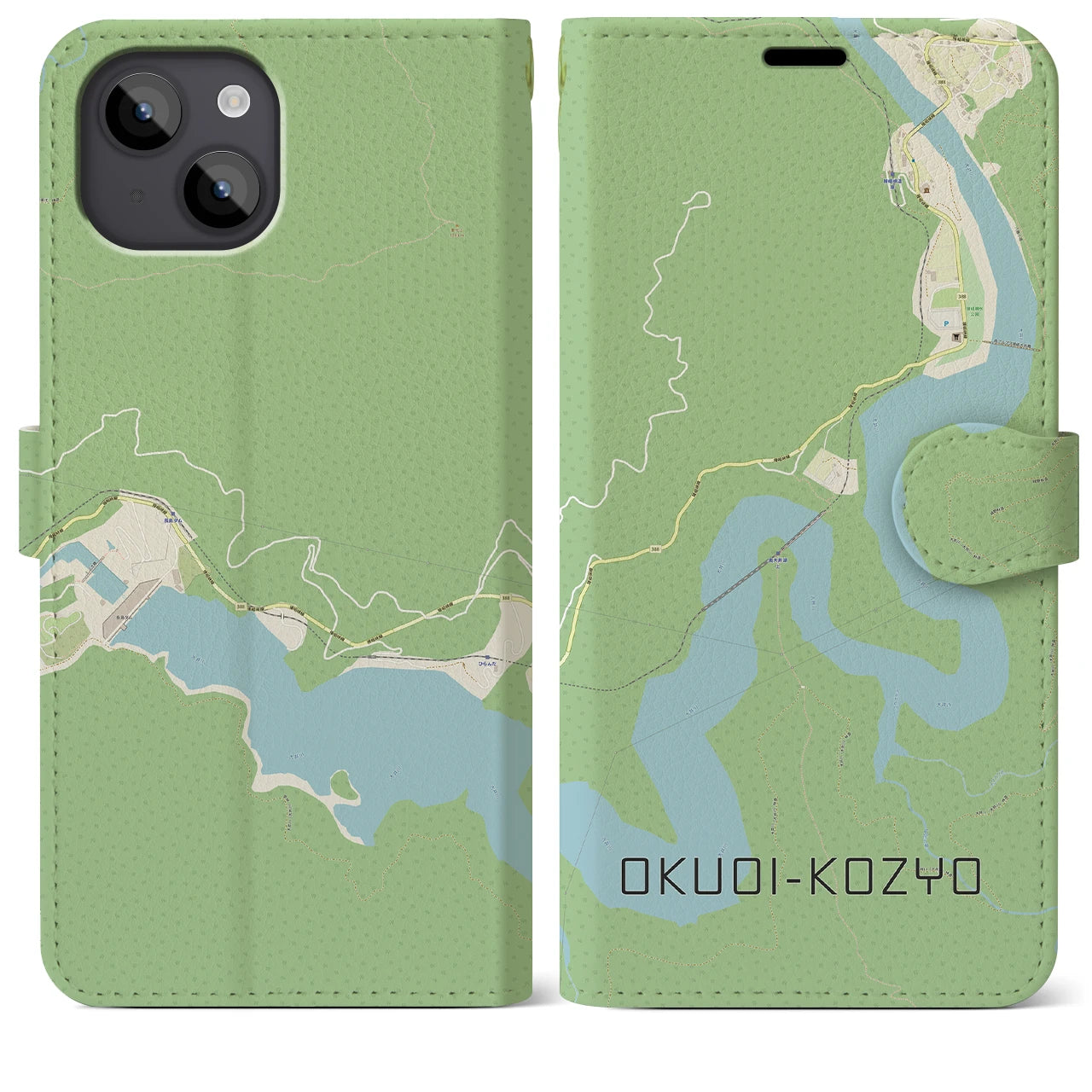 【奥大井湖上(静岡県)】地図柄iPhoneケース(手帳タイプ)ナチュラル・iPhone 14 Plus 用