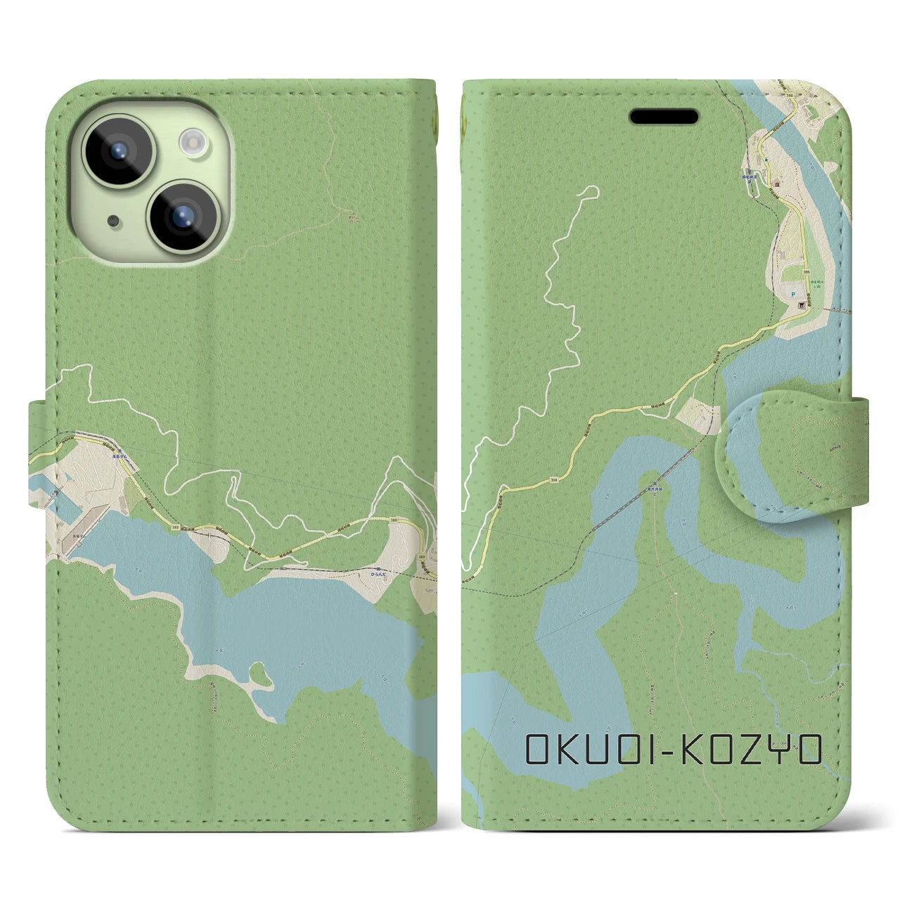 【奥大井湖上(静岡県)】地図柄iPhoneケース(手帳タイプ)ナチュラル・iPhone 15 用