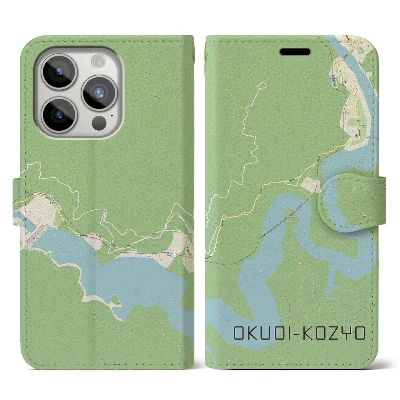 【奥大井湖上(静岡県)】地図柄iPhoneケース(手帳タイプ)ナチュラル・iPhone 15 Pro 用