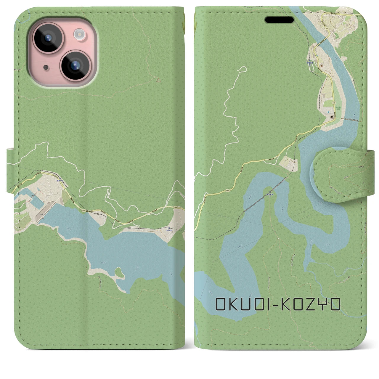 【奥大井湖上(静岡県)】地図柄iPhoneケース(手帳タイプ)ナチュラル・iPhone 15 Plus 用