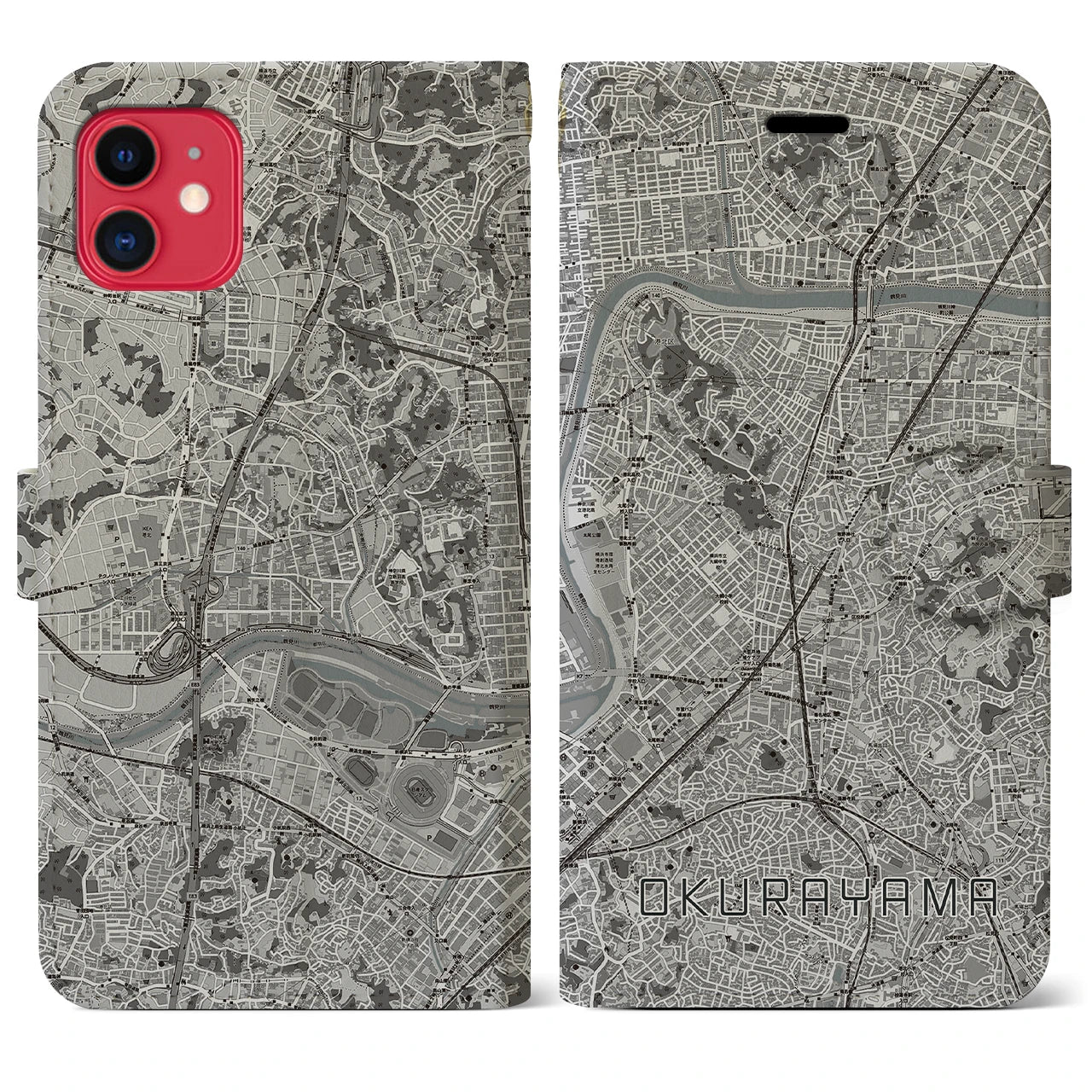 【大倉山(神奈川県)】地図柄iPhoneケース(手帳タイプ)モノトーン・iPhone 11 用